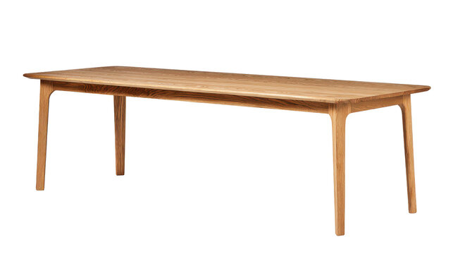 A long modern table with a wide rectangular tabletop, thin slender legs, clean straight lines, and strong horizontal emphasis in a minimalist contemporary form isolated on transparent background.
