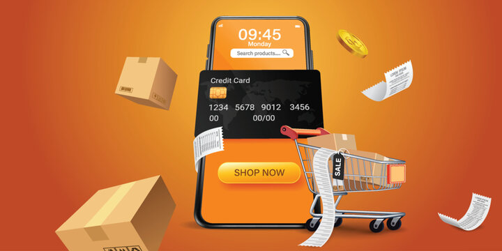 Online shopping mobile app interface with credit card payment, shopping cart, boxes, receipts and shop now button on smartphone screen, digital ecommerce checkout process, retail marketplace,