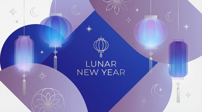 Lunar new year blue lantern gradient background, modern abstract purple festival greeting card, trendy glass blurred style holiday wallpaper, chinese celebration banner with stars and moon design.