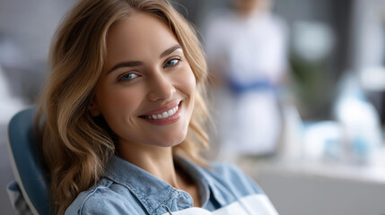 Fototapeta premium Happy mixed race young woman at dental clinic, positive dental experience, patient satisfaction moment, oral healthcare visit, professional dental environment, with copy space