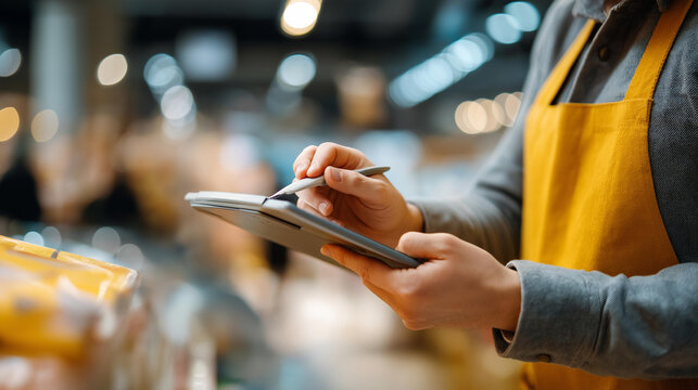Faceless store assistant scanning shelf items at supermarket, retail inventory management, employee work routine, stock control activity, defocused grocery store background, with copy space - Powered by Adobe