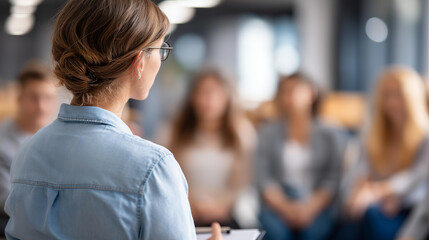 Faceless therapist working with group of teenagers during counseling session, youth mental health support, group therapy facilitation, educational wellness service, defocused counseling room, with