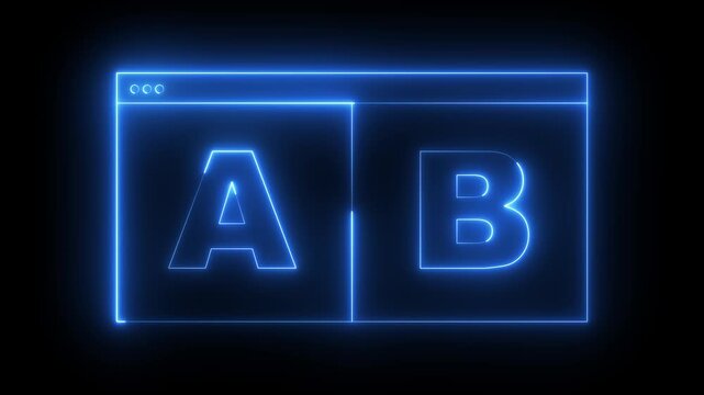 glowing neon Ab testing icon animation on black background. Two versions of browser page icon. Conversion rate. A/B testing concept represented by a website icon. 4k video animation.