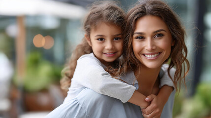 Obraz premium Happy multiethnic woman piggybacking her cute little girl, mother-daughter bonding moment, playful family interaction, joyful parenting scene, outdoor or indoor setting, with copy space