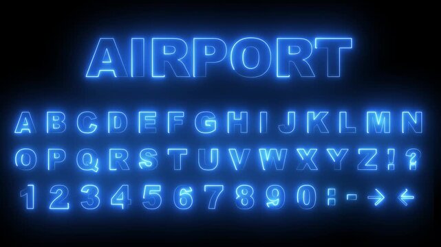 glowing neon Airport information display board dot matrix font. digital font, letters and numbers. English alphabet in digital screen. LED board icon for billboards, airport and sports matches.