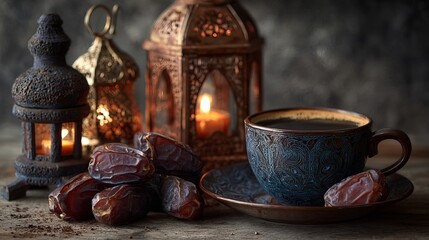Fototapeta premium A serene still life of a cup of coffee with dates and lanterns in the background