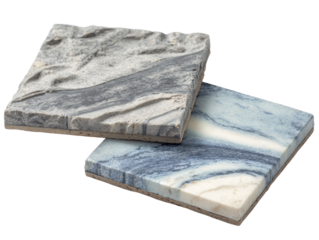 A set of three square decorative stone and marble tile samples with distinct surfaces including rough rock relief, subtle gray marbling, and a blue patterned texture, slightly overlapping as material 