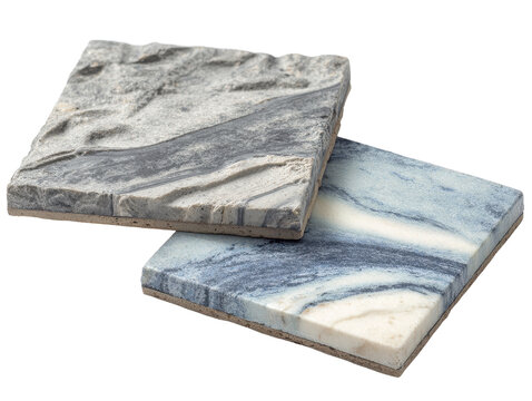 A set of three square decorative stone and marble tile samples with distinct surfaces including rough rock relief, subtle gray marbling, and a blue patterned texture, slightly overlapping as material 