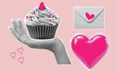 Halftone Collage Featuring a Cupcake in Hand With Heart and Envelope, Romantic Valentine&rsquo;s Day Congratulations Banner in Retro Pop Art Paper Cut Style