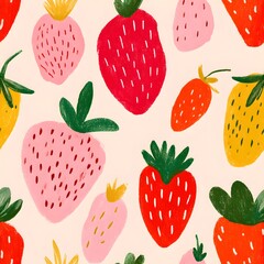 A colorful illustration of various strawberries in different colors and sizes on a light background