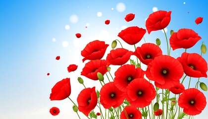 Illustration of red poppies blooming against a vibrant blue sky with bokeh effects