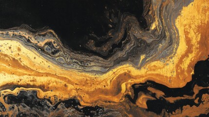 Obraz premium Flowing abstract gold and black fluid art with swirling patterns.
