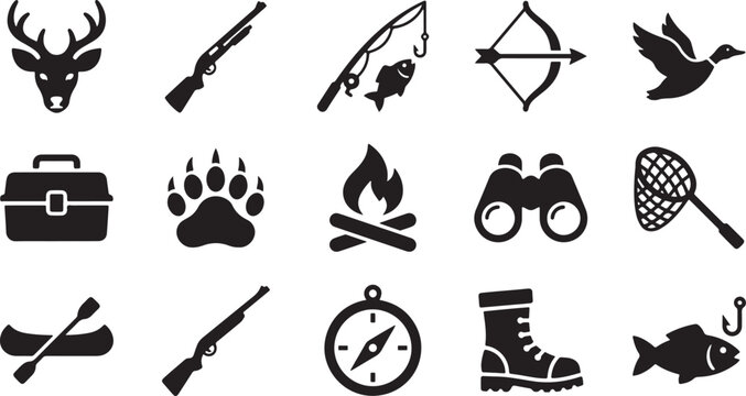 Collection of flat black hunting and fishing icons for outdoor gear.