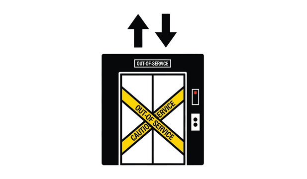 An out of service elevator with caution tape across the doors