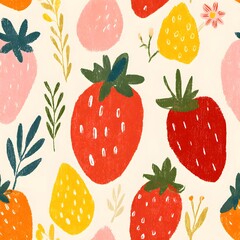A colorful illustration of strawberries and other fruits on a cream background