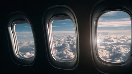 Naklejka premium Stunning aerial view of clouds through airplane windows.