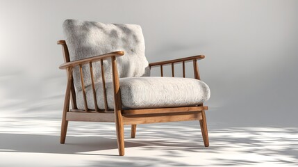 A stylish wooden chair with a gray cushion and pillow in a modern room with natural light