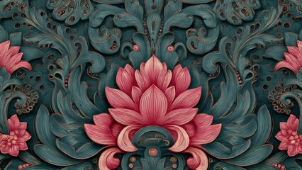 Intricate ornate background with carved pink lotus flower and teal baroque floral filigree pattern
