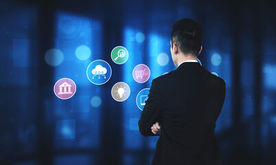 Set of business and digital service icons representing finance, cloud, analytics, email, communication, ecommerce, cybersecurity, and global connectivity in a modern ecosystem Vouch