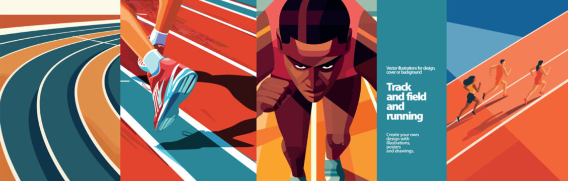 Dynamic Track & Field Running Vector Illustrations Set. Energy of track and field. Features athletes runningand track scenes in a modern, geometric, and vibrant style  for sports poster & event design