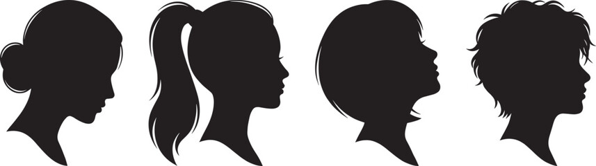 Set of female profile silhouette vector icons featuring diverse hairstyles like ponytail, bob cut, and short hair for beauty salon branding and fashion design.