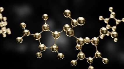 3D rendering of an abstract golden molecular structure on a dark black background for medical and scientific research