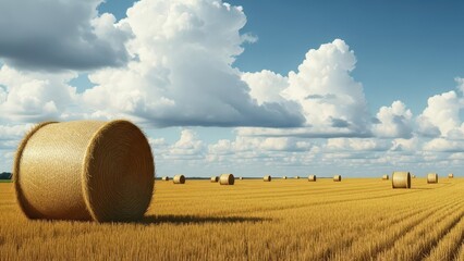 Large round hay bales scattered across a golden field under a dramatic cloudy blue sky