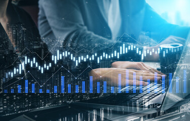 A business professional conducts stock market analysis amid a digital landscape featuring vibrant graphs and trends in a modern urban office environment. Scalp