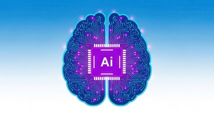 Artificial intelligence concept with circuit board brain and AI chip on blue gradient background