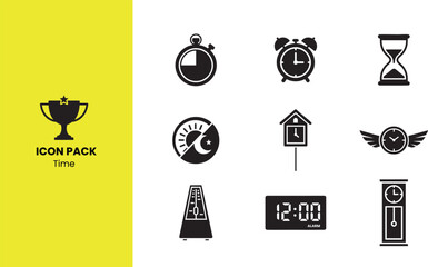 Time and Clock icon set. Containing stopwatch, alarm clock, hourglass, day night cycle, cuckoo clock, flying time, metronome, digital clock and grandfather clock. Solid vector icons collection.