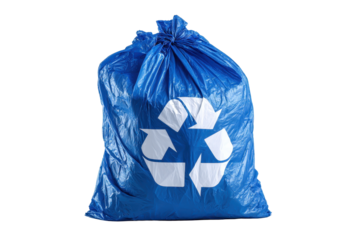 A blue plastic recycling bag featuring a white recycle symbol, crinkled flexible material texture with natural folds and highlights for a realistic waste sorting item, isolated on transparent backgrou