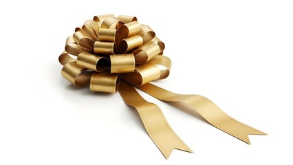 A beautifully crafted golden ribbon bow on a white background, perfect for gift wrapping and decoration