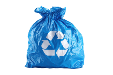 A blue plastic recycling bag featuring a white recycle symbol, crinkled flexible material texture with natural folds and highlights for a realistic waste sorting item, isolated on transparent backgrou