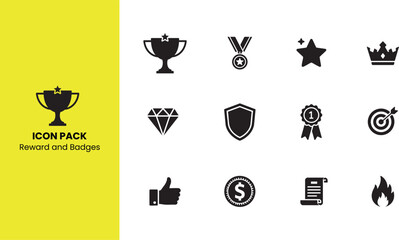 Reward and Badges icon set. Containing trophy cup, medal, star, crown, diamond, shield, rosette ribbon, target, thumbs up, bonus coin, certificate scroll and fire flame. Solid vector icons collection.