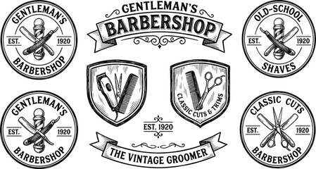 Obraz premium Vintage barbershop logos and emblems featuring scissors, razors, combs, clippers, classic grooming tools, retro barber vector illustration