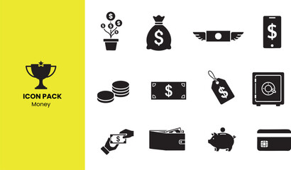 Money and Finance icon set. Containing money tree, cash bag, flying bill, mobile banking, coins, banknote, price tag, safe box, payment hand, wallet, piggy bank and credit card. Solid vector icons 