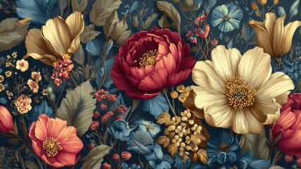 Moody Maximalist Floral Pattern. Luxurious dark background with large golden and deep red peonies, blue tropical leaves, vintage botanical wallpaper illustration.
