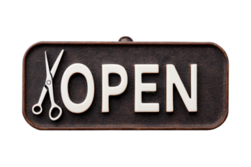 A dark rounded rectangle OPEN sign featuring a scissors icon above bold clean typography, smooth plaque surface with subtle depth and crisp edges for a modern storefront notice, isolated on transparen
