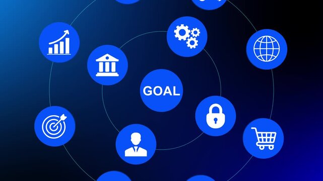 Goal achievement concept with cursor clicking on blue button on dark blue background success target objective