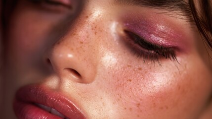 Naklejka premium Close-up of young caucasian female with freckles and pink makeup.