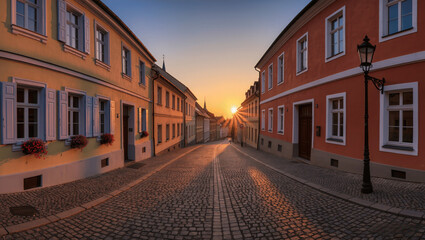 Empty cobblestone street in a European town at sunrise with warm light and shadows