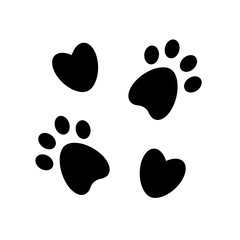 Fototapeta premium Black Paw Prints and Heart Shapes Silhouettes, Cute Pet Love Symbols, Animal Footprints Vector Illustration