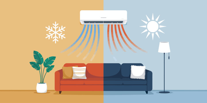 Air conditioning split system for home cooling and heating illustration showing modern AC unit for climate control, energy efficiency, interior comfort, smart home, and creative design projects