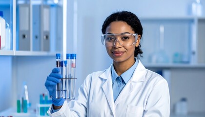 Black woman scientist smiles, holding test tubes. Lab coat, glasses, laboratory setting