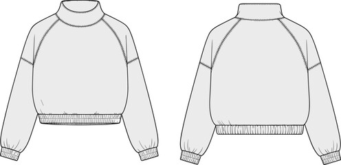 Cropped sweatshirt technical fashion sketch with high neckline, raglan sleeves, ribbed cuffs and hem, front and back view garment design illustration