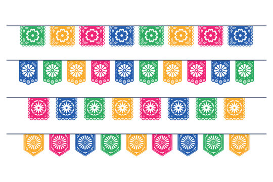 Set of colorful Mexican festive paper garlands. Set of bright papel picado flags. Decorations for holidays, weddings, parties, birthdays in Mexican style. Isolated vector illustration.