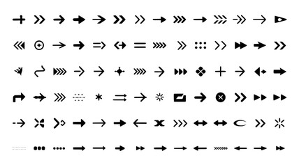 Fototapeta premium Collection of diverse black arrow icons and symbols in a flat design style, perfect for UI elements, navigation, and direction indicators.