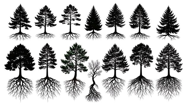 Collection of assorted tree silhouettes featuring detailed roots and varied crown shapes