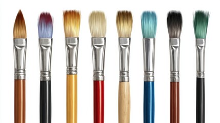 Colorful paintbrushes set with various bristle types and wooden handles.