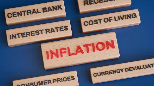 3D Wooden Blocks with Inflation, Recession and Economic Crisis Concepts on Blue Background